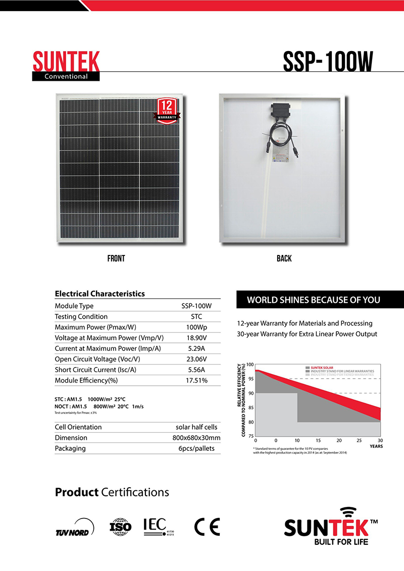 Tấm pin năng lượng mặt trời SUNTEK SSP-100W